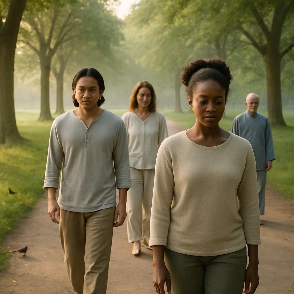 People walking slowly and calmly along a tree-lined path in a park, practicing mindful walking meditation.