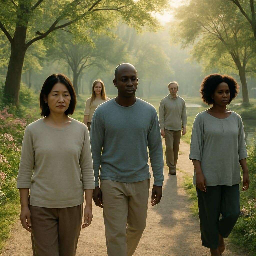 People walking slowly and calmly along a tree-lined path in a peaceful park, practicing mindfulness during a morning stroll.