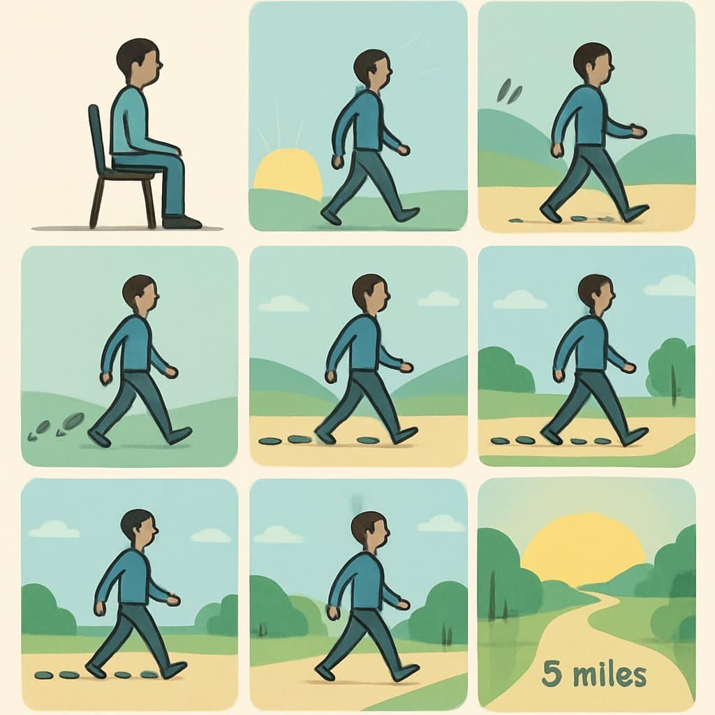 A series of eight scenes showing a person gradually increasing their walking distance from sitting still to walking 5 miles on a path surrounded by trees and hills.