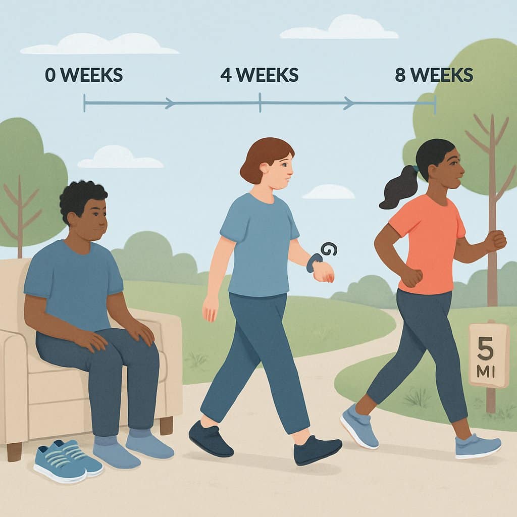 People at different stages of a walking plan outdoors, progressing from sitting to walking 5 miles over time along a park path.