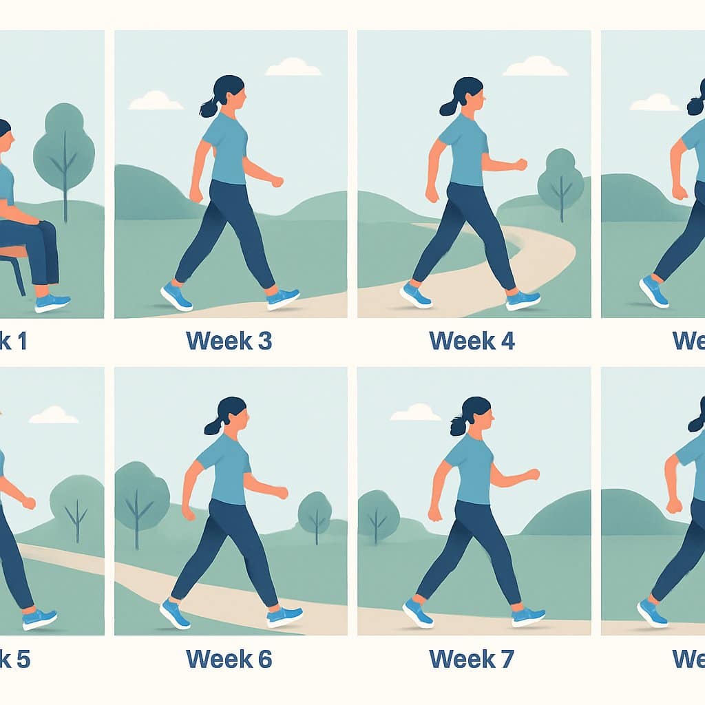 Illustration of a timeline showing a person gradually increasing walking activity over eight weeks, starting from sitting still to walking confidently outdoors on a path surrounded by trees and hills.