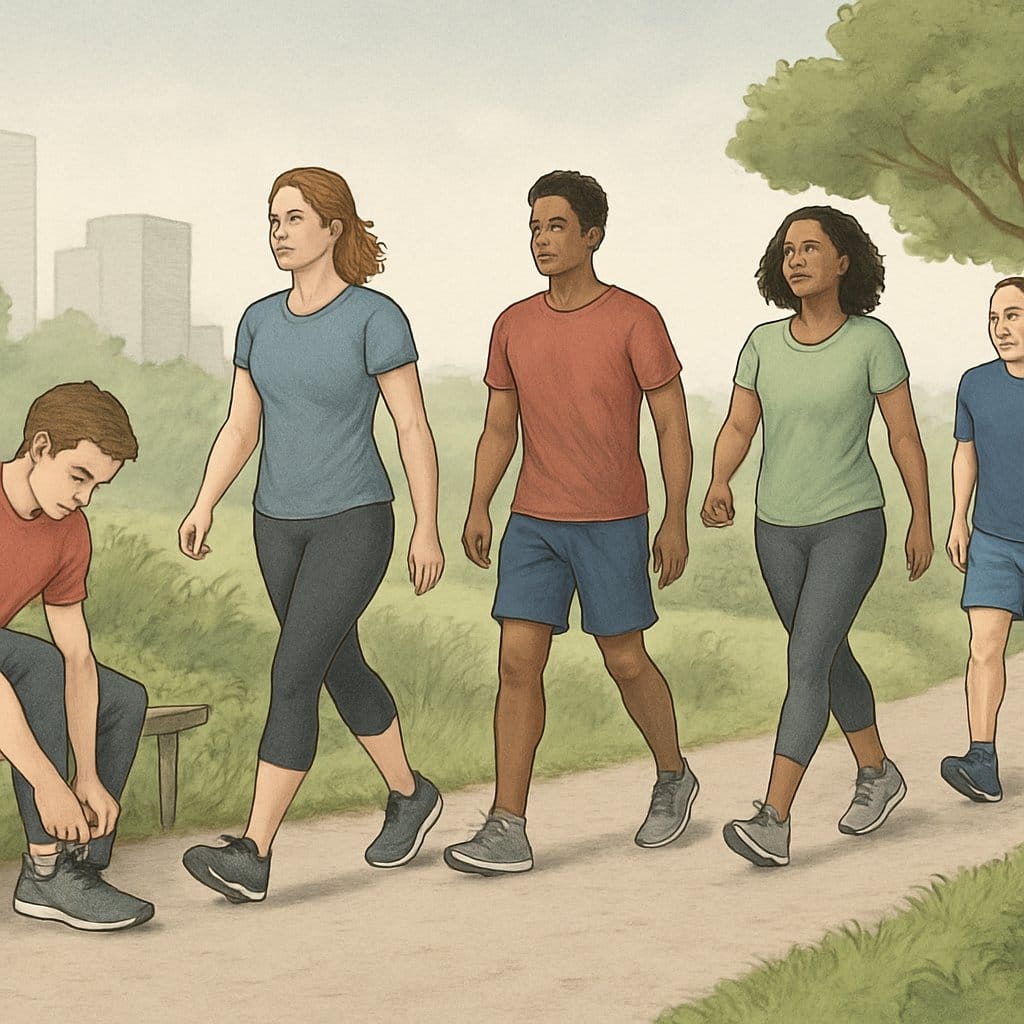 A group of diverse people walking along a scenic path at different stages of a walking plan, from starting out to walking longer distances, surrounded by trees and greenery.