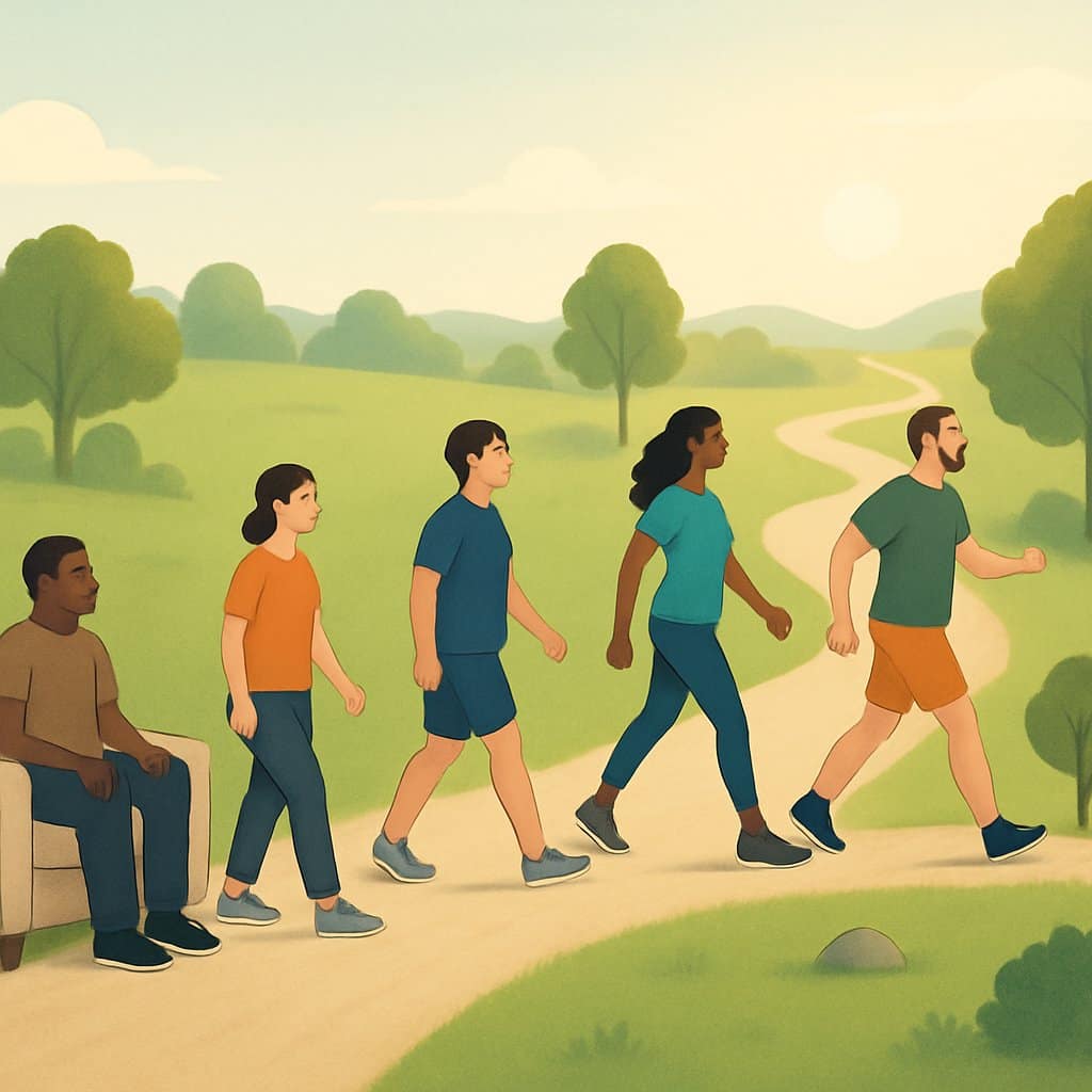 People walking along a path outdoors, showing different stages of progress from sitting to walking longer distances over time.