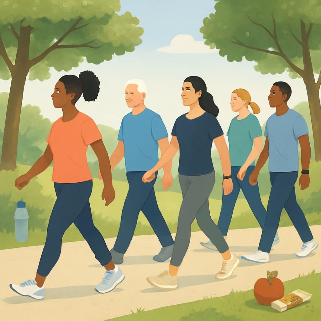 People of different ages and backgrounds walking together on a sunny park path surrounded by trees and greenery.