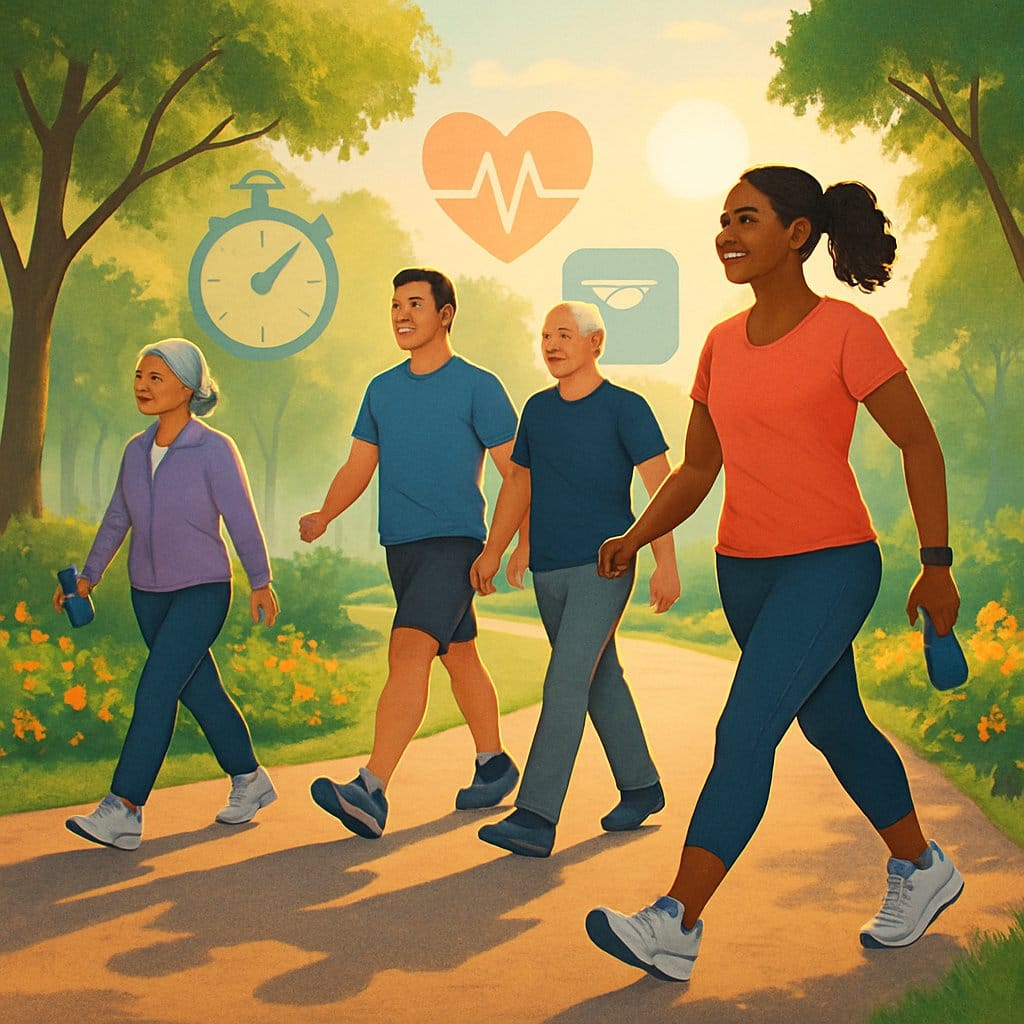 A group of diverse people walking on a park path surrounded by trees and flowers, engaging in a healthy walking routine.