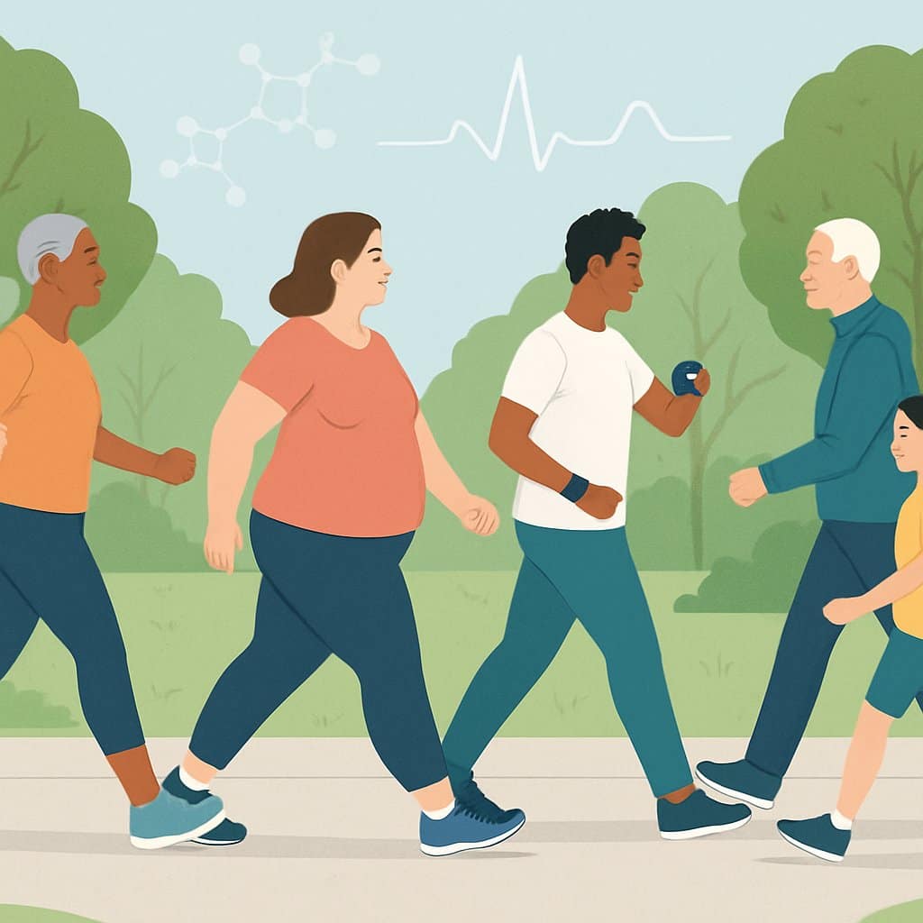 People of different ages and body types walking on a park path surrounded by trees, some wearing fitness trackers.