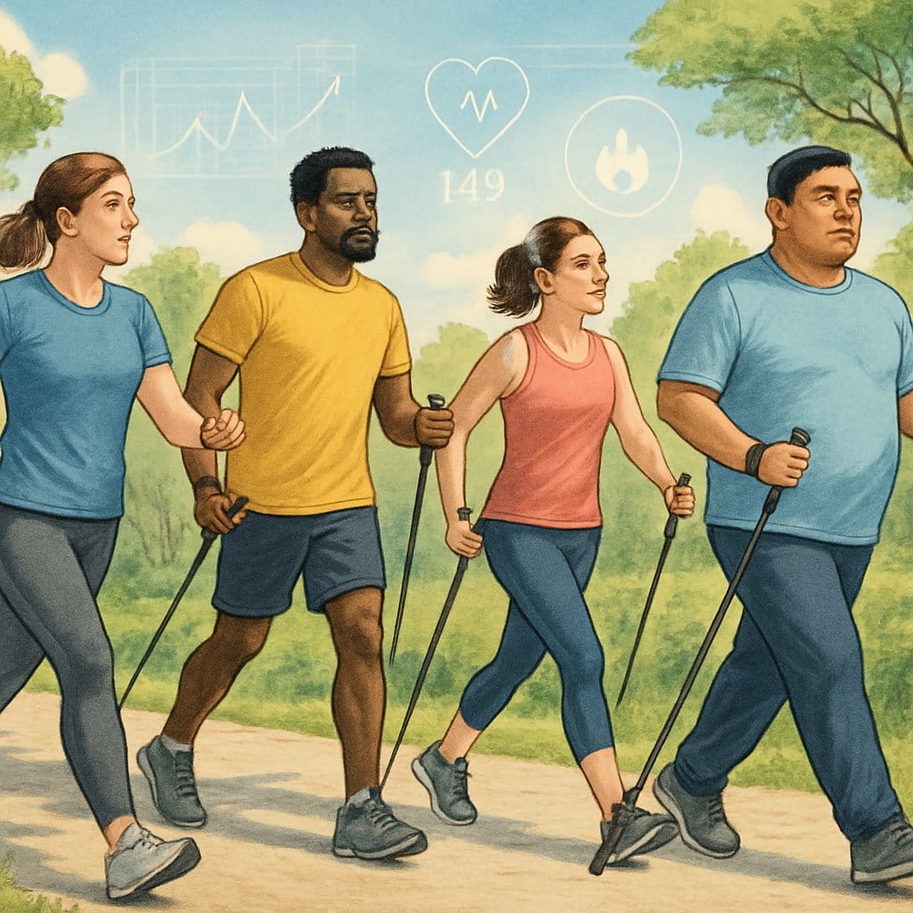 People walking outdoors on a path using walking poles and fitness trackers, surrounded by trees and greenery.