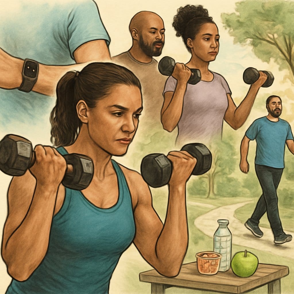 People exercising outdoors with one person lifting dumbbells and another walking on a path in a park.