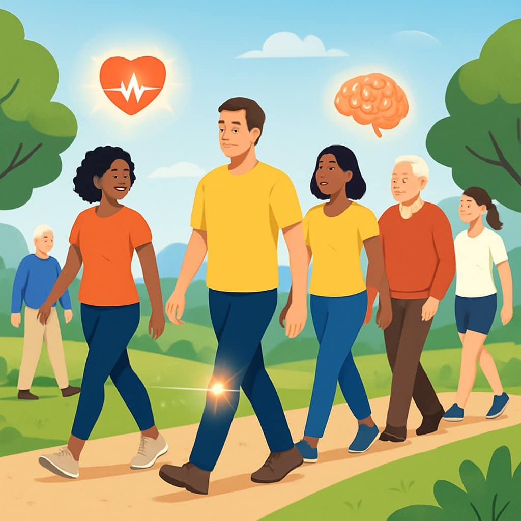 People of different ages and backgrounds walking together in a green park with symbols representing heart health, mental clarity, and joint mobility around them.