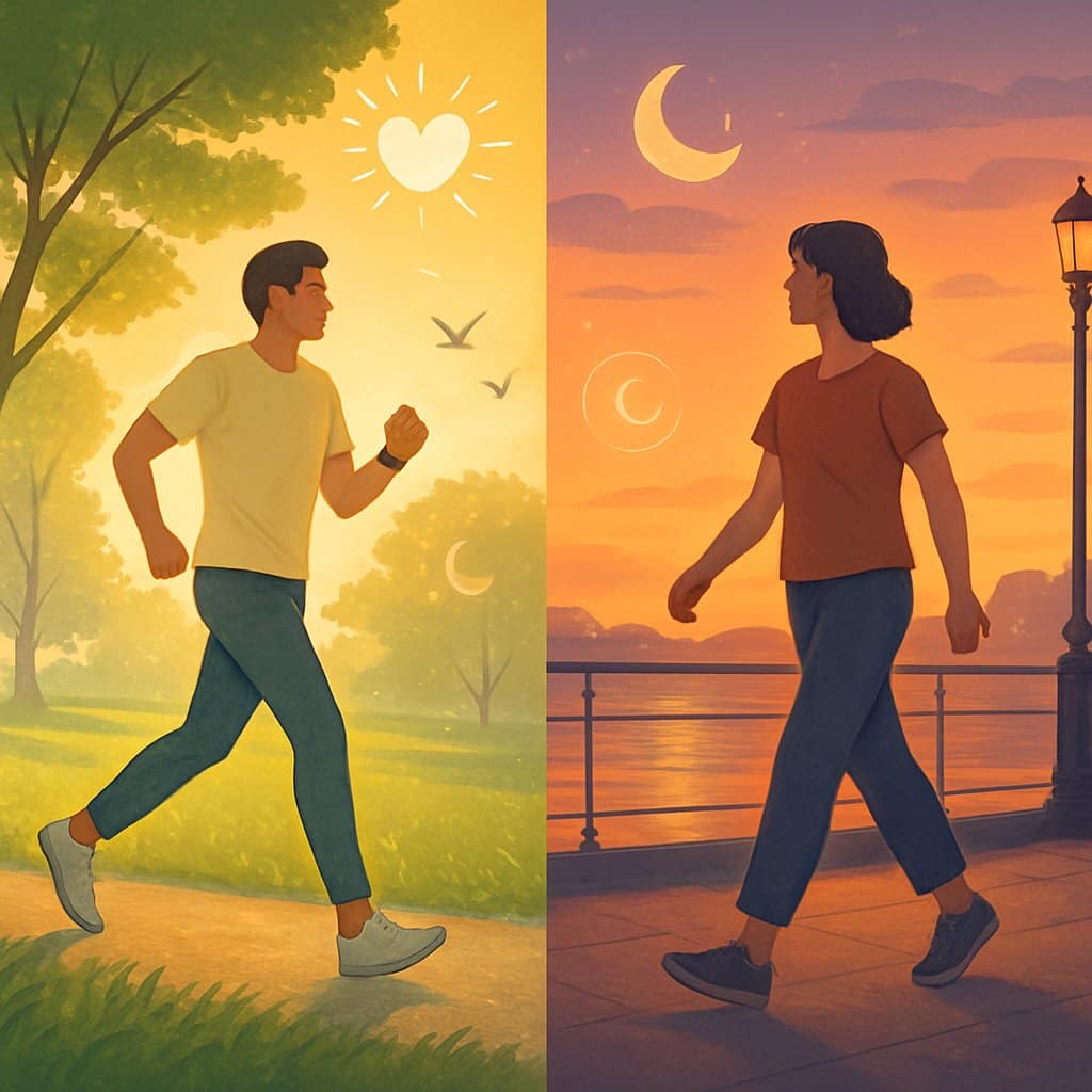 A split image showing a person walking in a sunny morning park on the left and another person walking by a waterfront at sunset on the right.