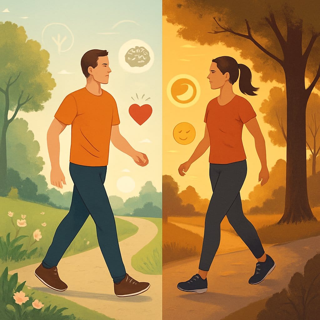 Two people walking outdoors, one in a bright morning park with flowers and greenery, the other on a tree-lined path at sunset, illustrating different times of day for walking.