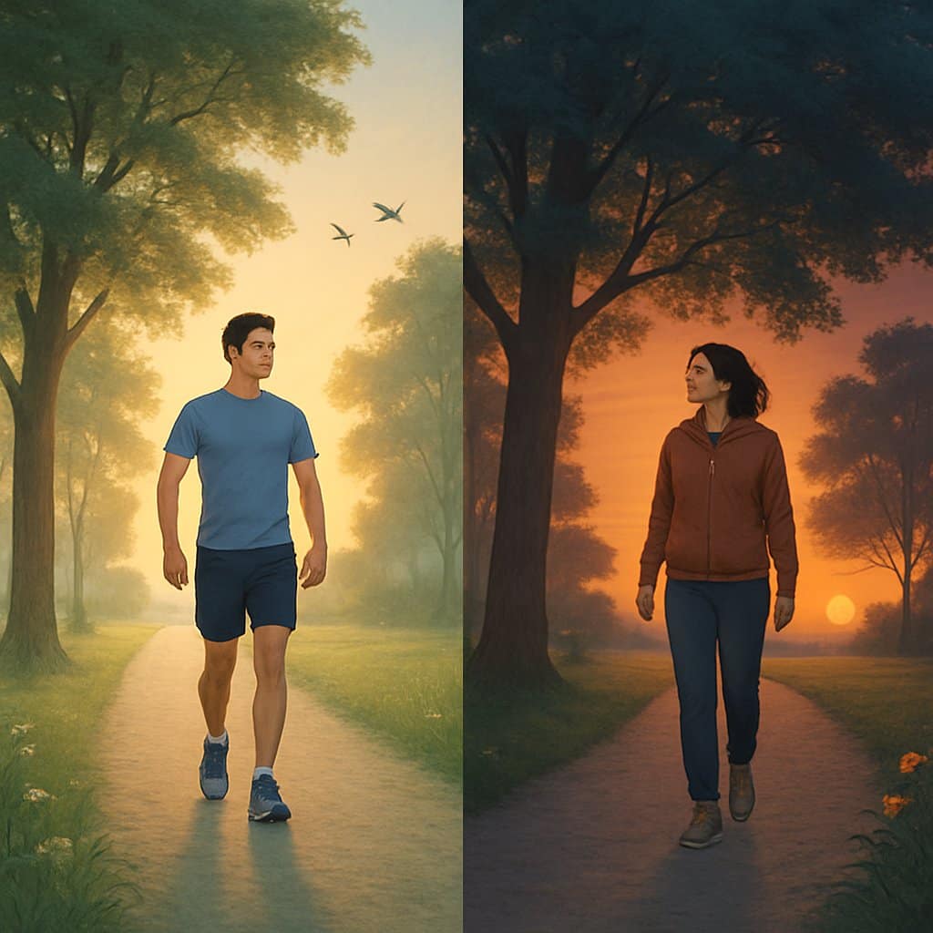 Two people walking on tree-lined paths, one during early morning sunrise and the other during evening sunset, showing different times of day for walking.