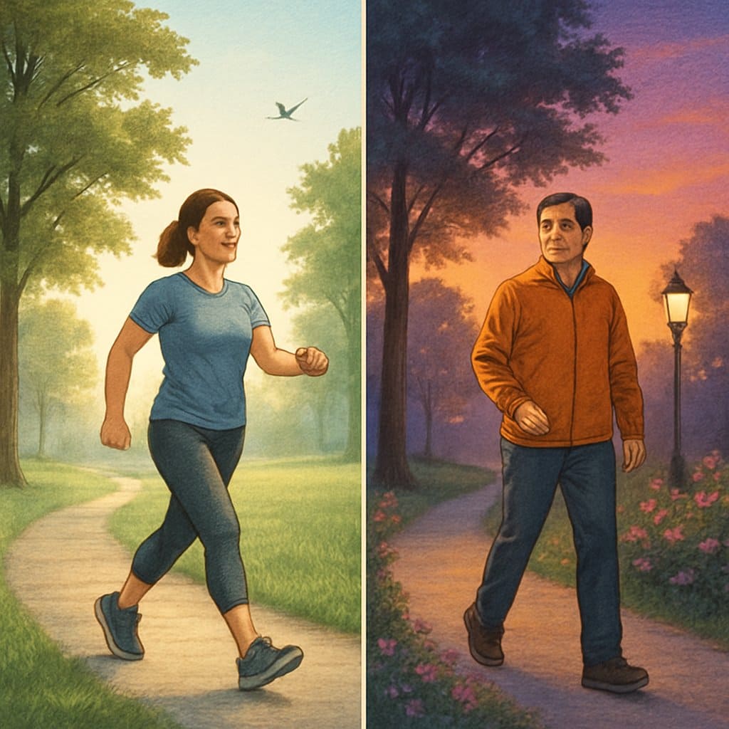 Split scene showing a person walking in a park during early morning on one side and in the evening on the other, with natural surroundings and different lighting conditions.