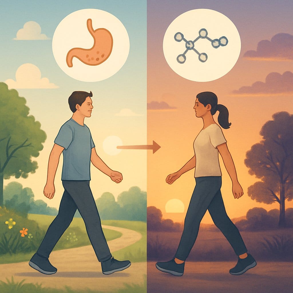 Two people walking outdoors, one in a bright morning setting with sunrise and greenery, the other in a warm evening setting with sunset and long shadows, illustrating the health effects of walking at different times of day.