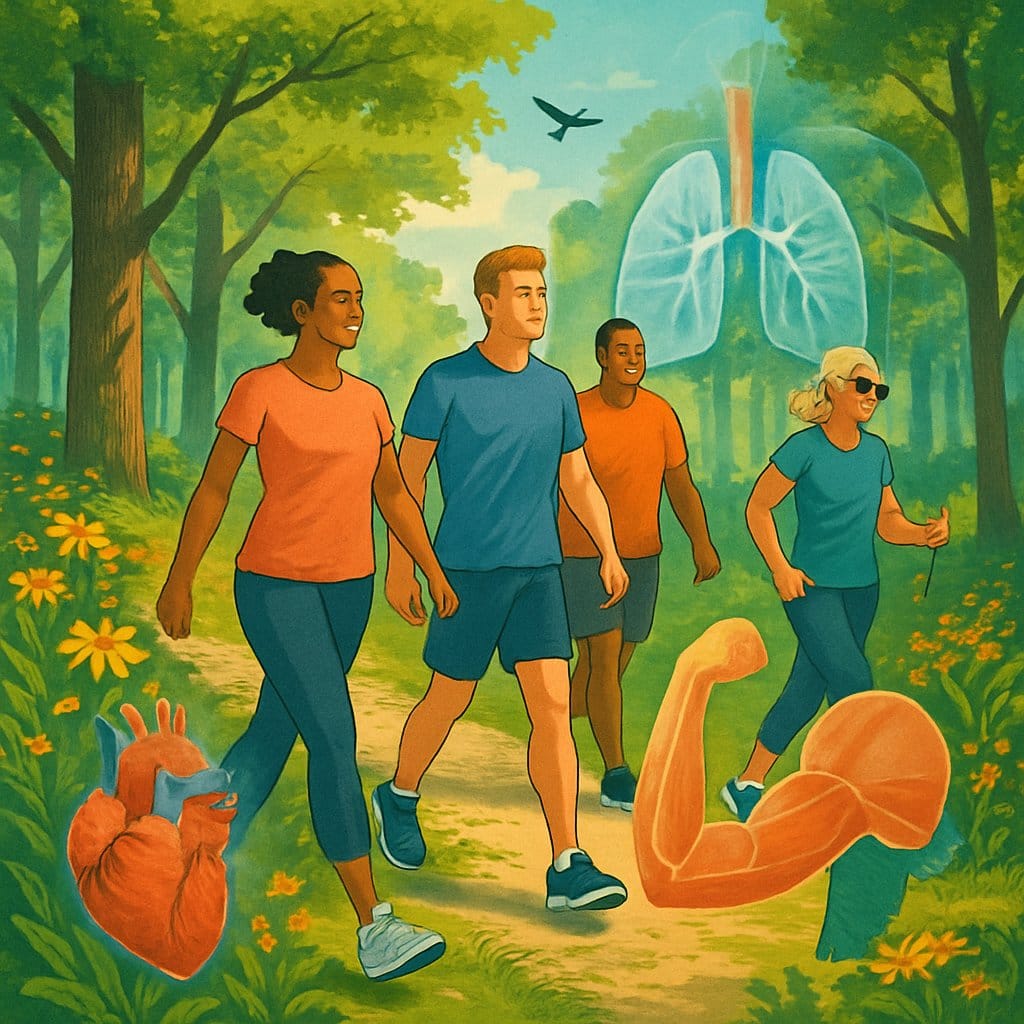 People walking energetically along a green forest path surrounded by trees and flowers with sunlight filtering through.