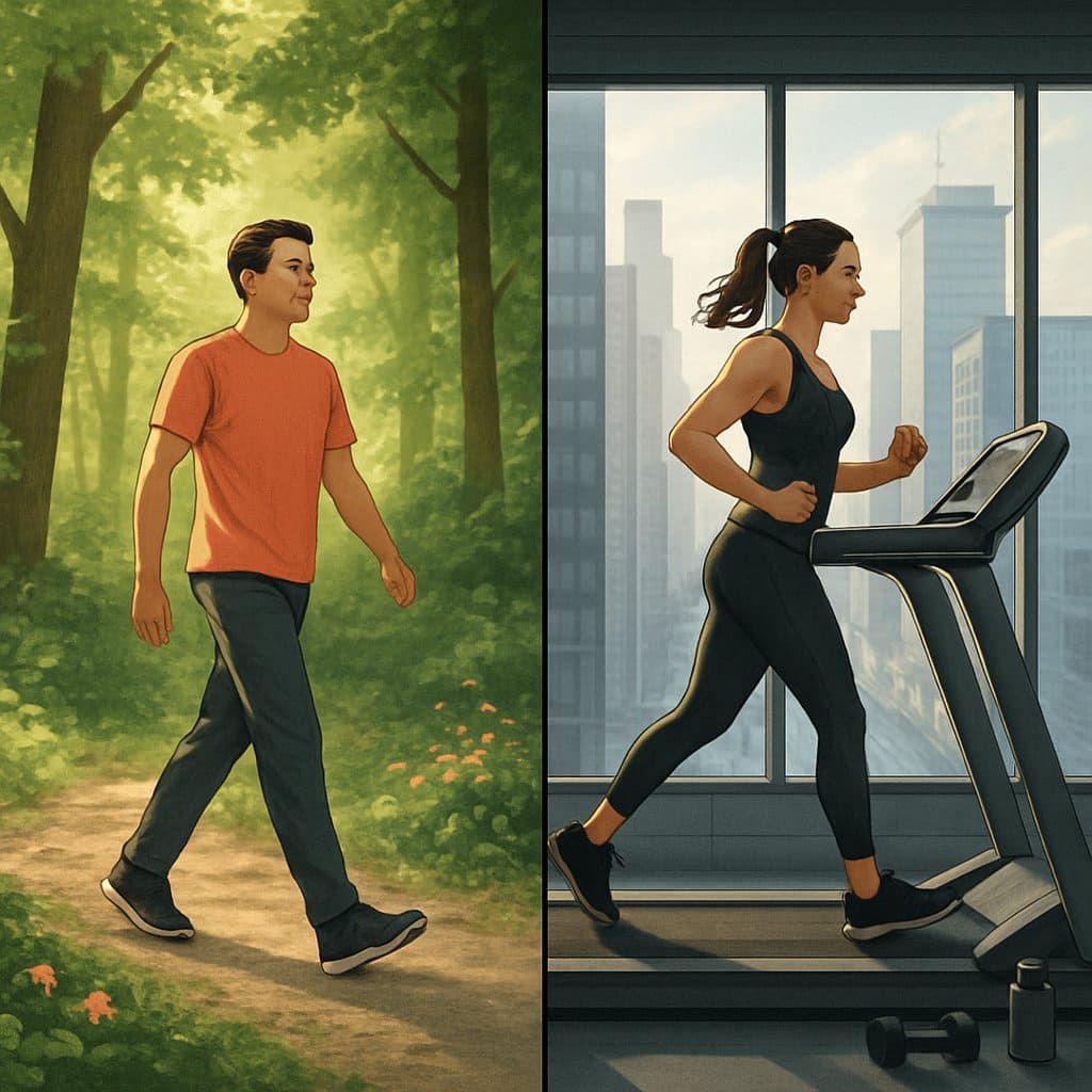 A split scene showing a person walking on a green forest path on one side and a person exercising on a treadmill in a gym with city buildings visible through the windows on the other side.