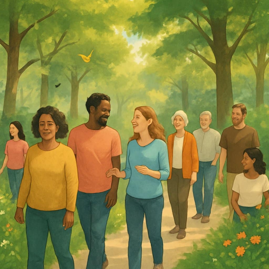 People walking and talking together on a sunny path through a green park with trees and flowers.