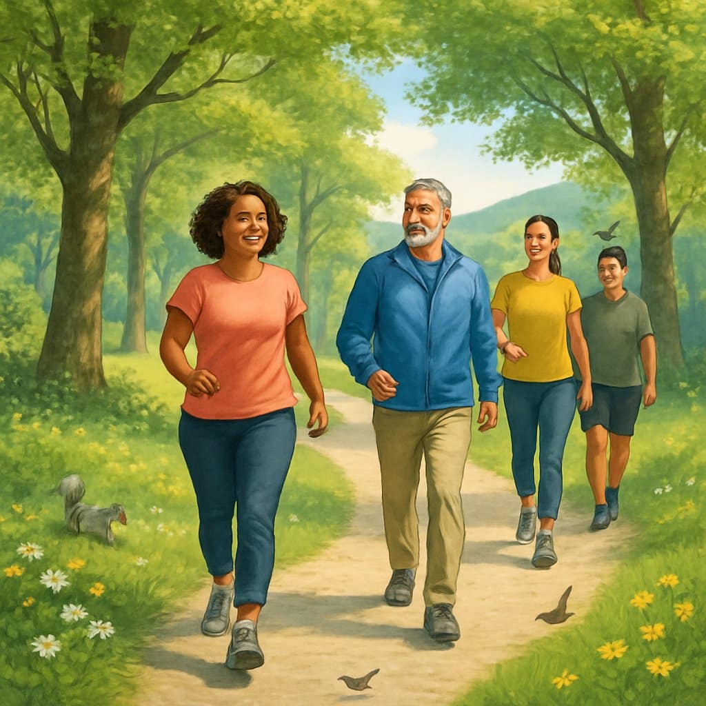 People walking on a path through a green park with trees, flowers, and sunlight filtering through the leaves.
