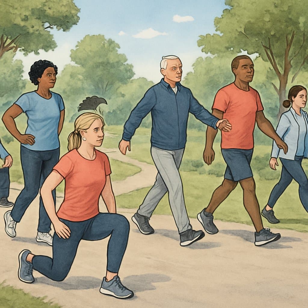 People exercising outdoors on a walking path, performing simple strength exercises like lunges and arm swings in a park.