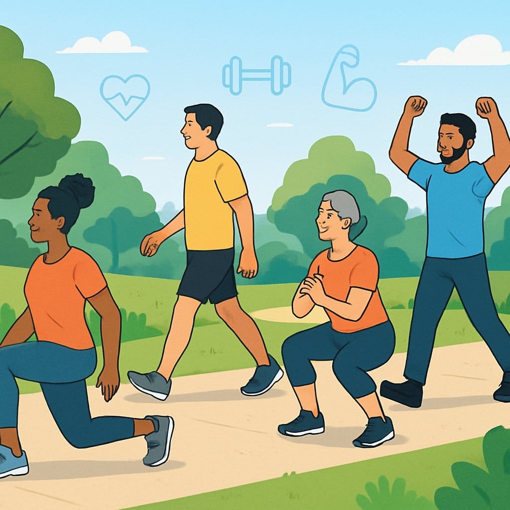 People exercising outdoors on a walking path, performing strength exercises like lunges and squats surrounded by trees and greenery.