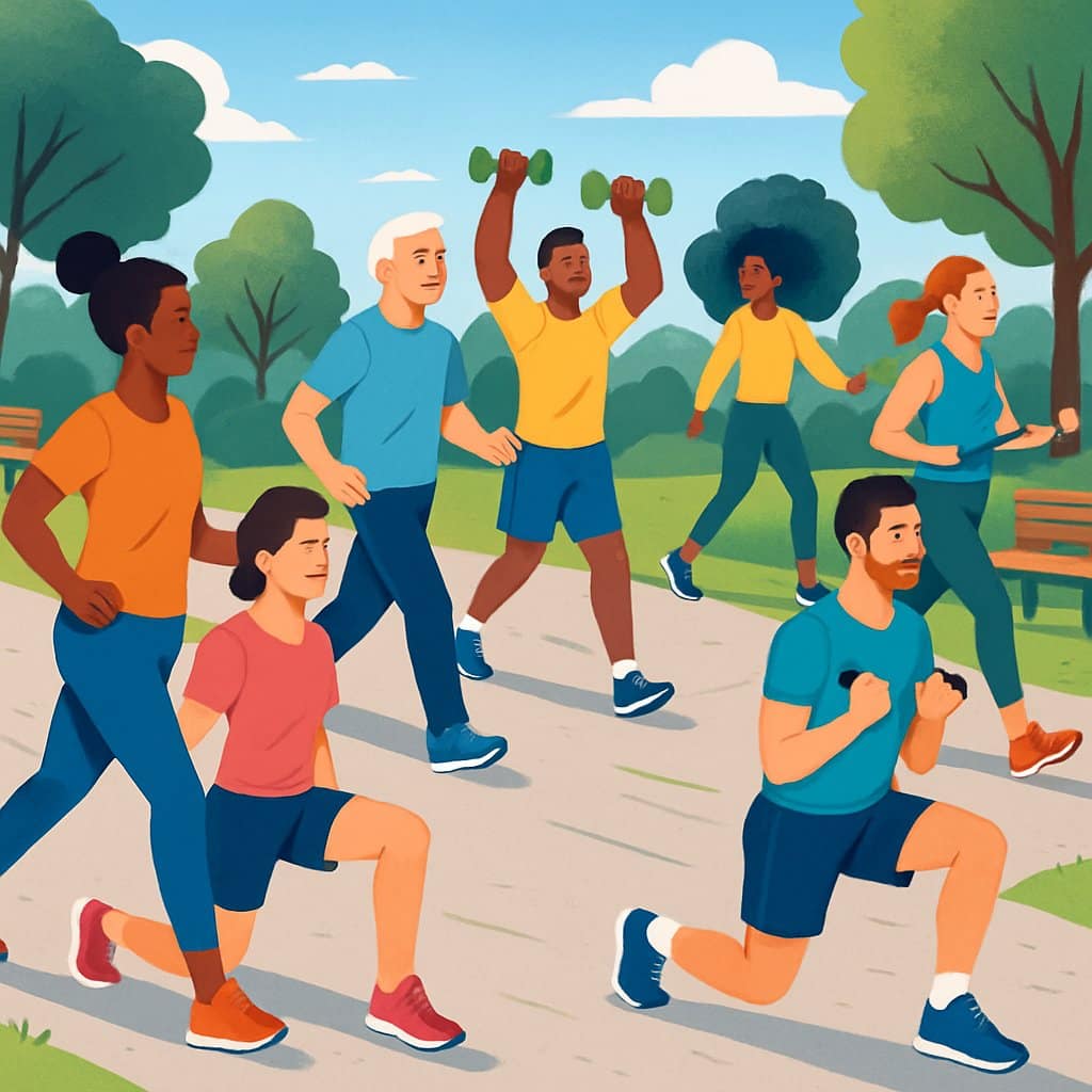 People of different ages and backgrounds walking and doing simple strength exercises like lunges and arm raises in a park.
