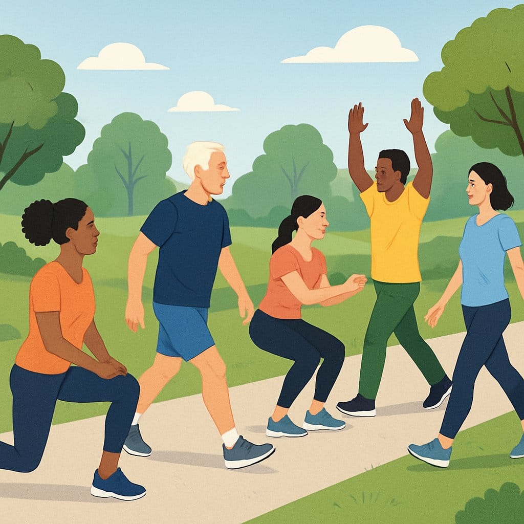 People exercising outdoors in a park, walking and doing strength exercises like lunges and squats along a walking path.