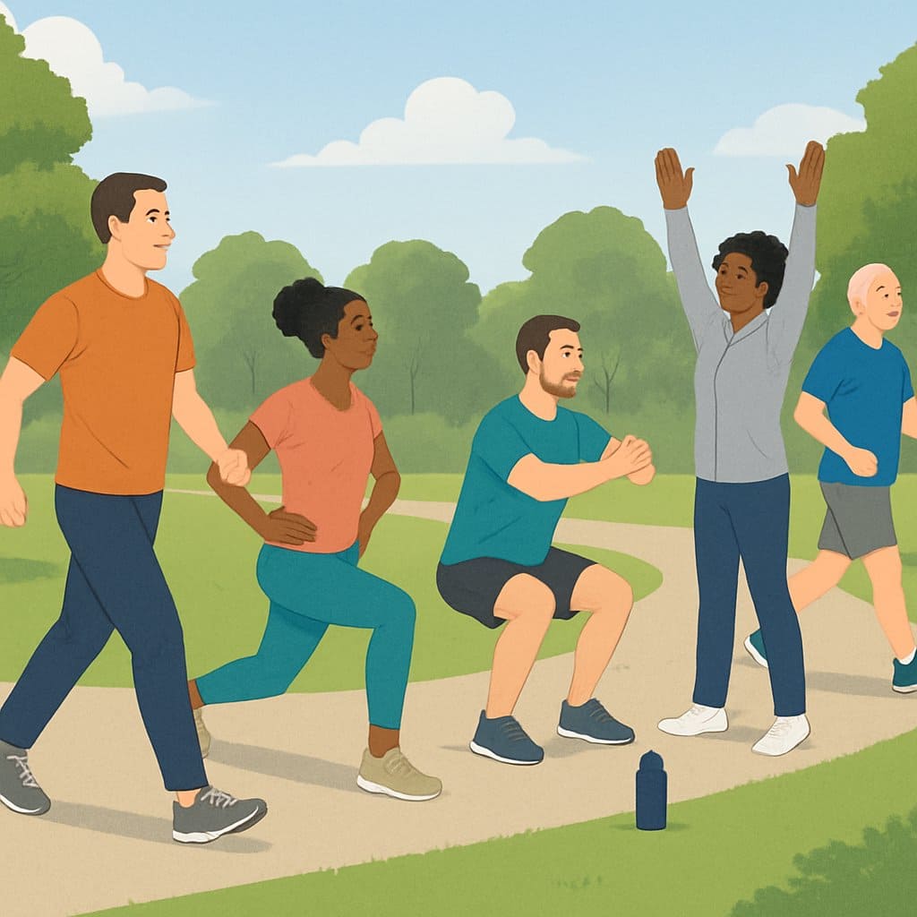 People exercising outdoors in a park, performing walking and simple strength exercises like lunges and squats along a walking path.
