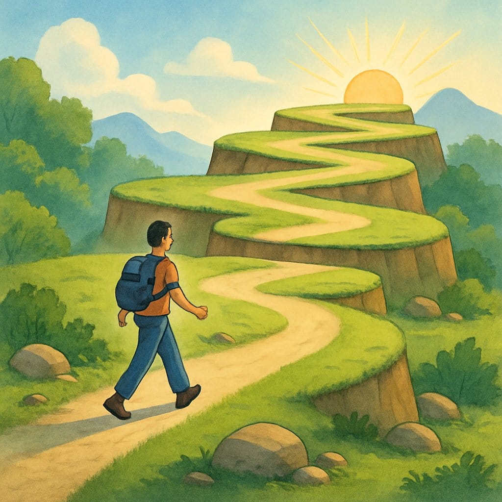 A person walking along a winding path through multiple flat plateaus with greenery and mountains in the background.