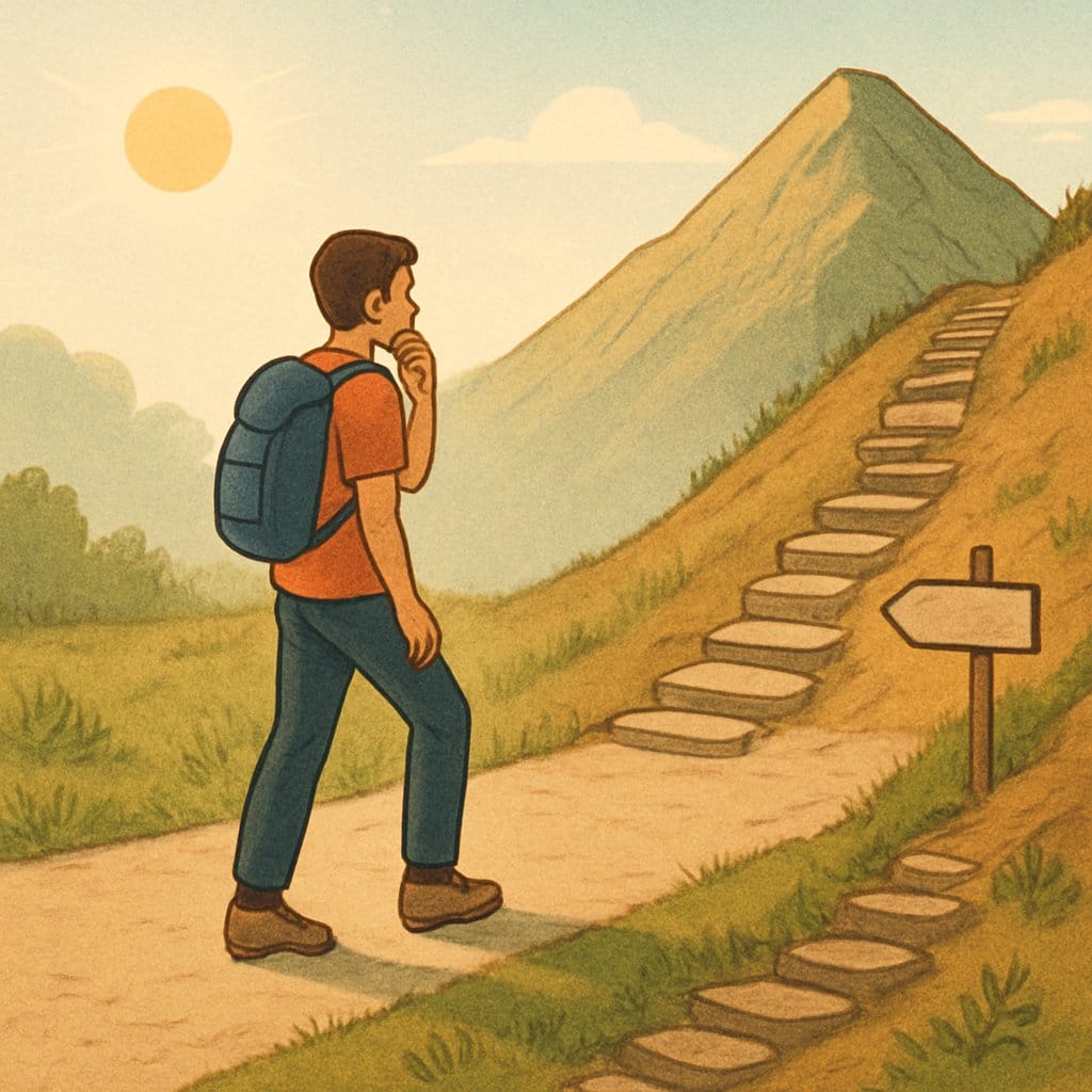 A person walking on a path that changes from flat to uphill, pausing at the transition point, surrounded by nature and signs of progress.