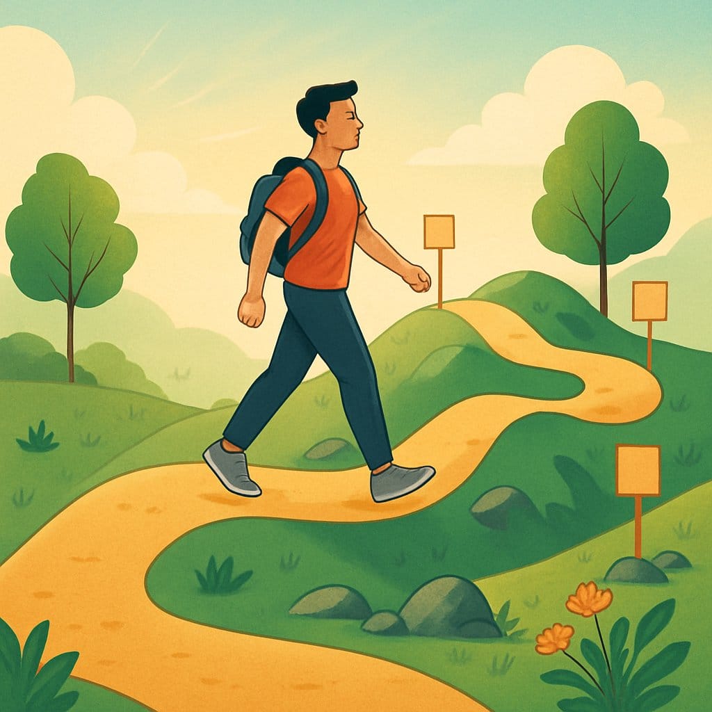 A person walking on a winding path with gentle hills and signposts, surrounded by trees and nature, symbolizing progress and setting new goals.