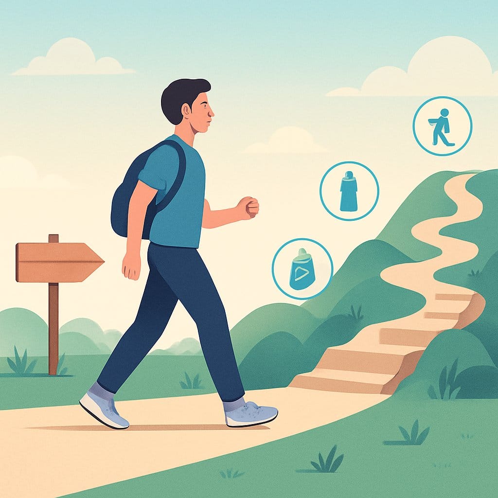 A person walking on a path that changes from flat to uphill steps, symbolizing progress beyond a walking plateau.