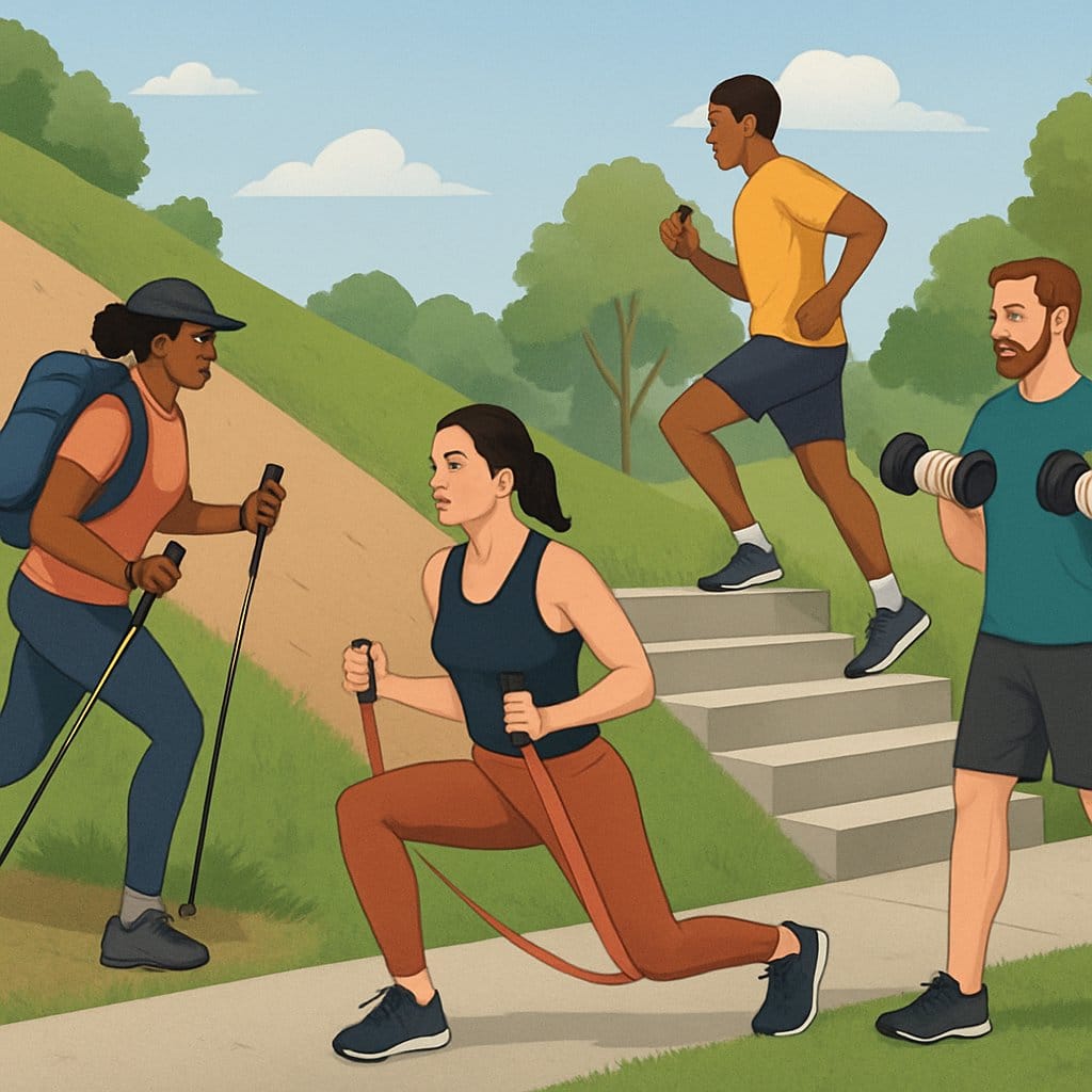 People exercising outdoors including hiking uphill, climbing stairs, using resistance bands, and lifting weights on a trail that slopes upward.