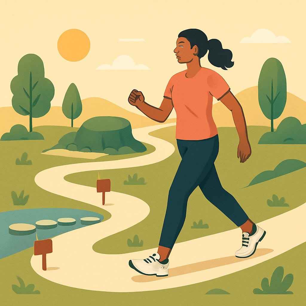 A person walking confidently on a winding path with small hills and milestones, symbolizing progress and overcoming challenges in a fitness journey.