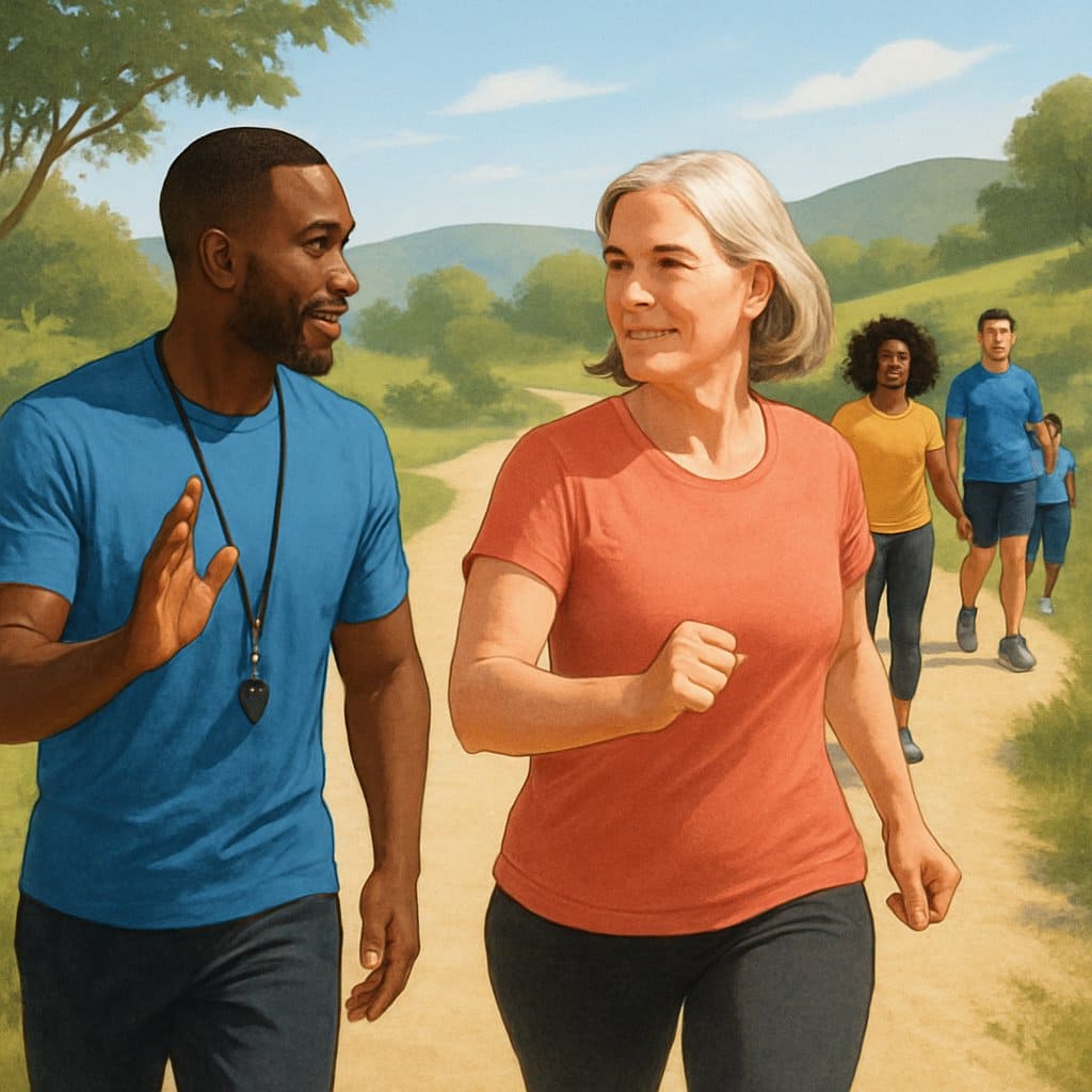 A fitness coach guiding a woman walking energetically on a scenic outdoor path with other people walking in the background.