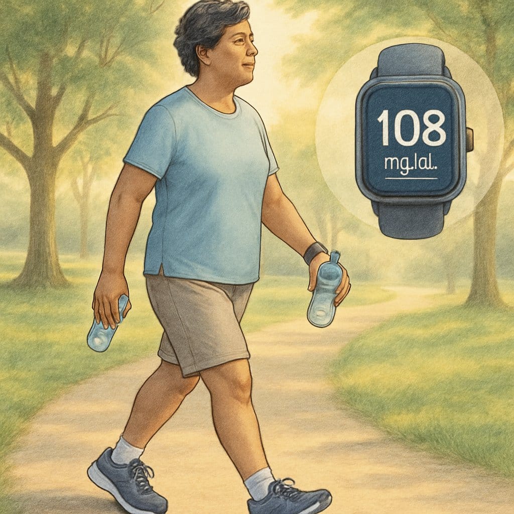 A person walking on a park path in the morning, wearing athletic clothes and a smartwatch, surrounded by trees and sunlight.