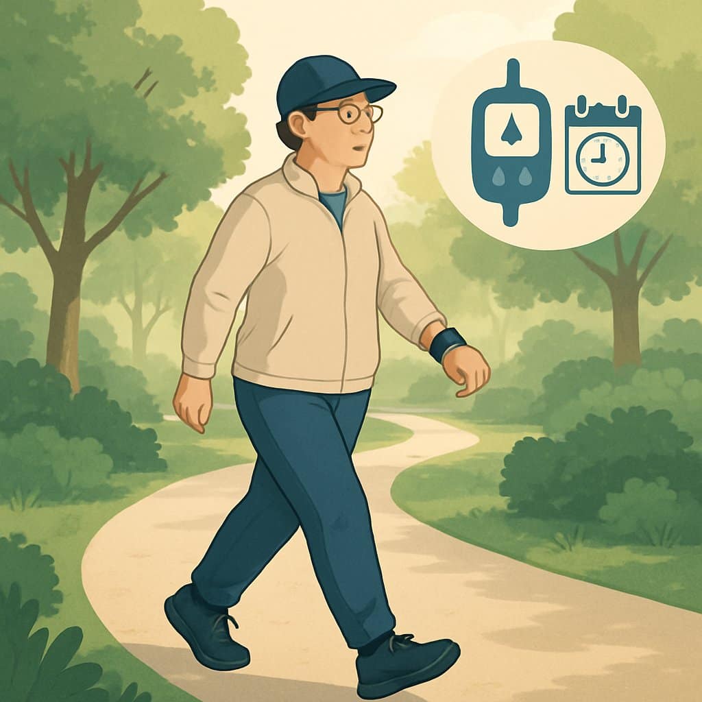 A person walking on a park path wearing a fitness tracker, surrounded by trees and sunlight, with subtle icons representing blood sugar monitoring and time in the background.