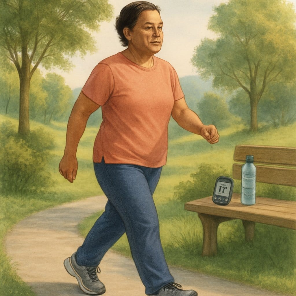 A person walking on a park path surrounded by trees and sunlight, with a glucose monitor and water bottle nearby.