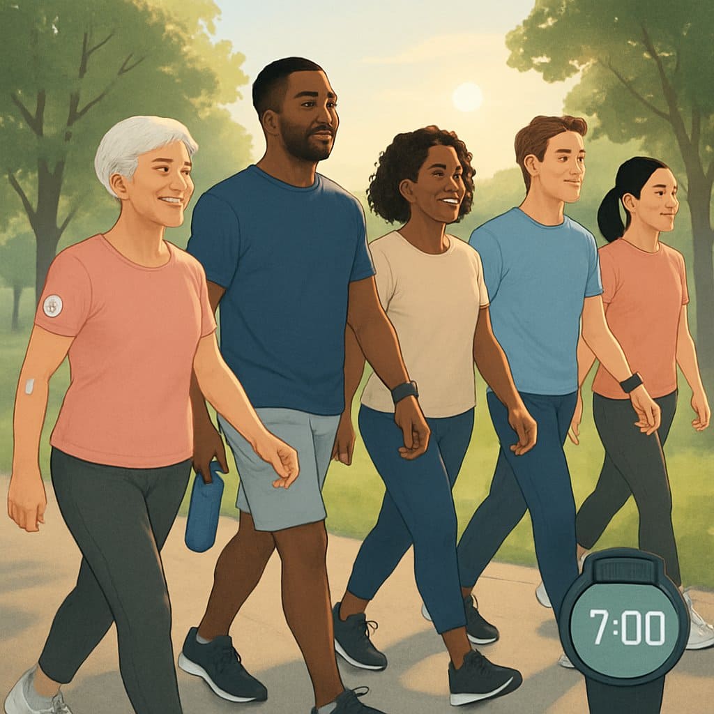 A group of diverse people walking together on a park path in the early morning, surrounded by trees and sunlight.