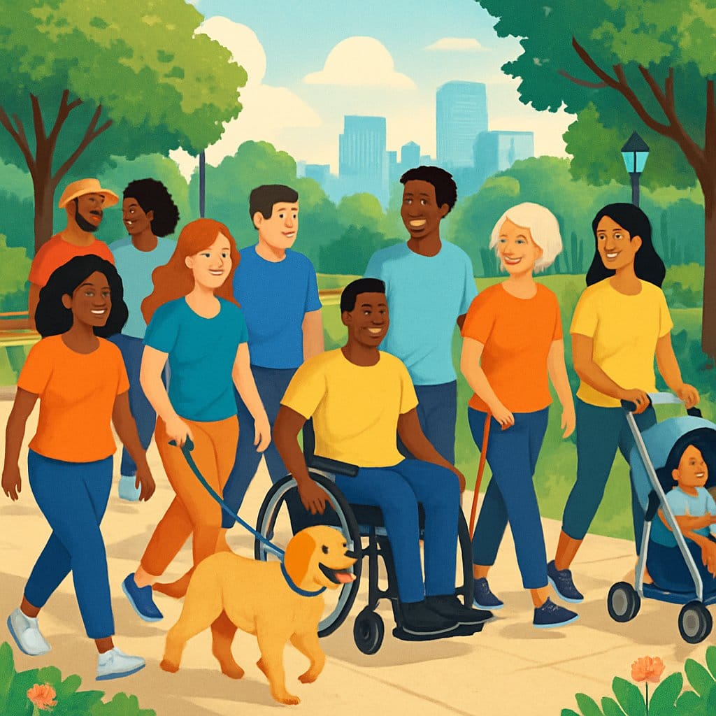 A diverse group of people walking together on a tree-lined path in a park, enjoying each other's company and the outdoors.