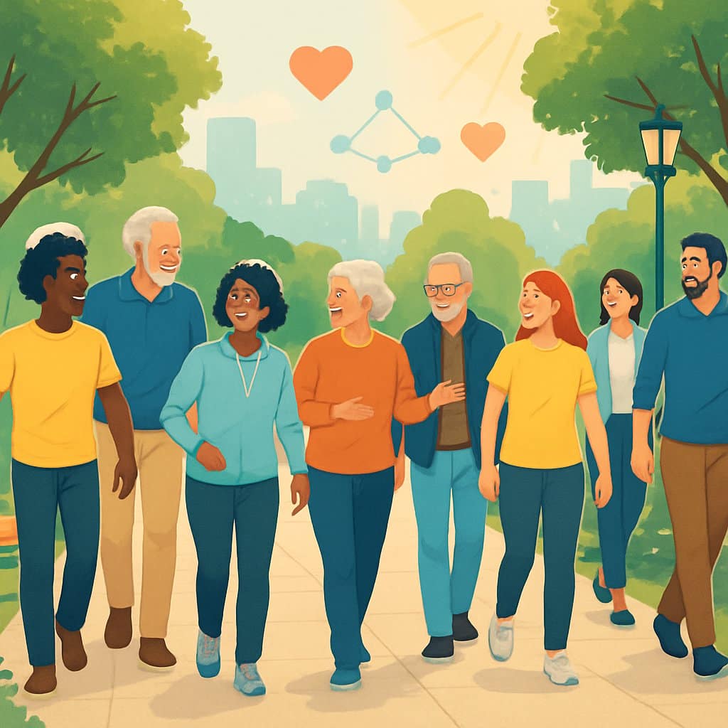 A diverse group of people walking together on a park path, talking and enjoying nature in a community setting.