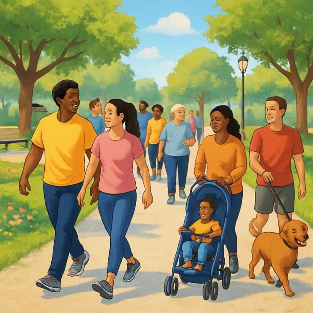 A diverse group of people walking together in a park, enjoying a sunny day and socializing along tree-lined paths.