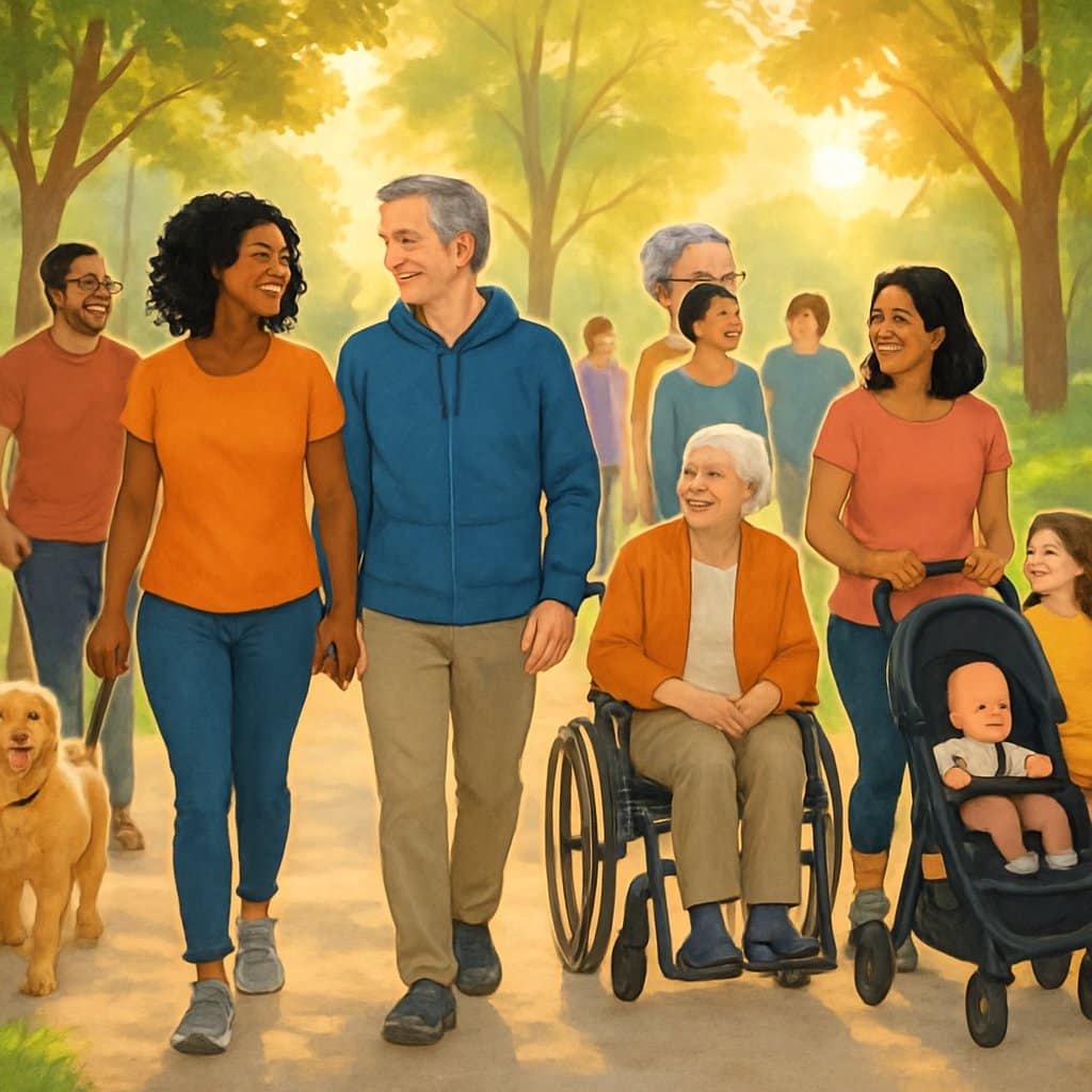 A diverse group of people walking together on a park path, talking and smiling, surrounded by trees and flowers.