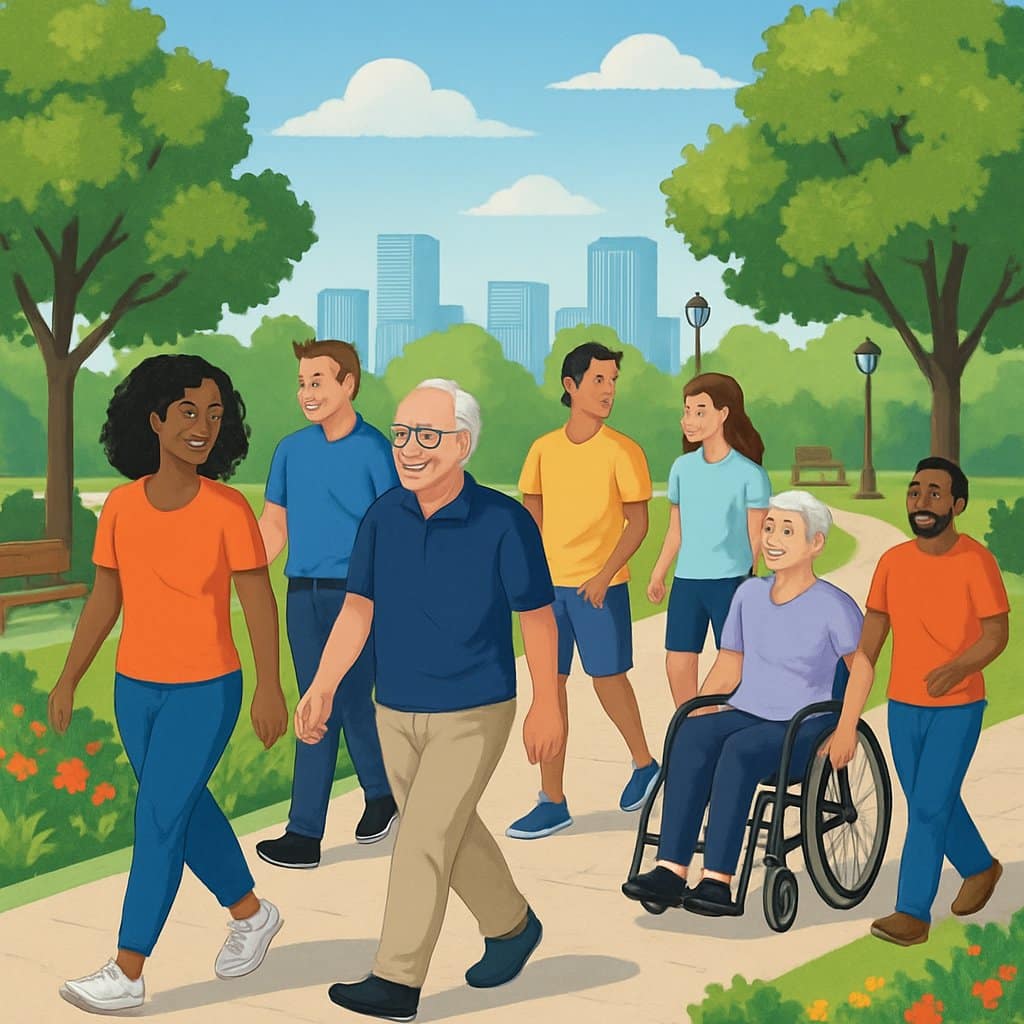 A diverse group of people walking together on a park path surrounded by trees and greenery, enjoying each other's company.