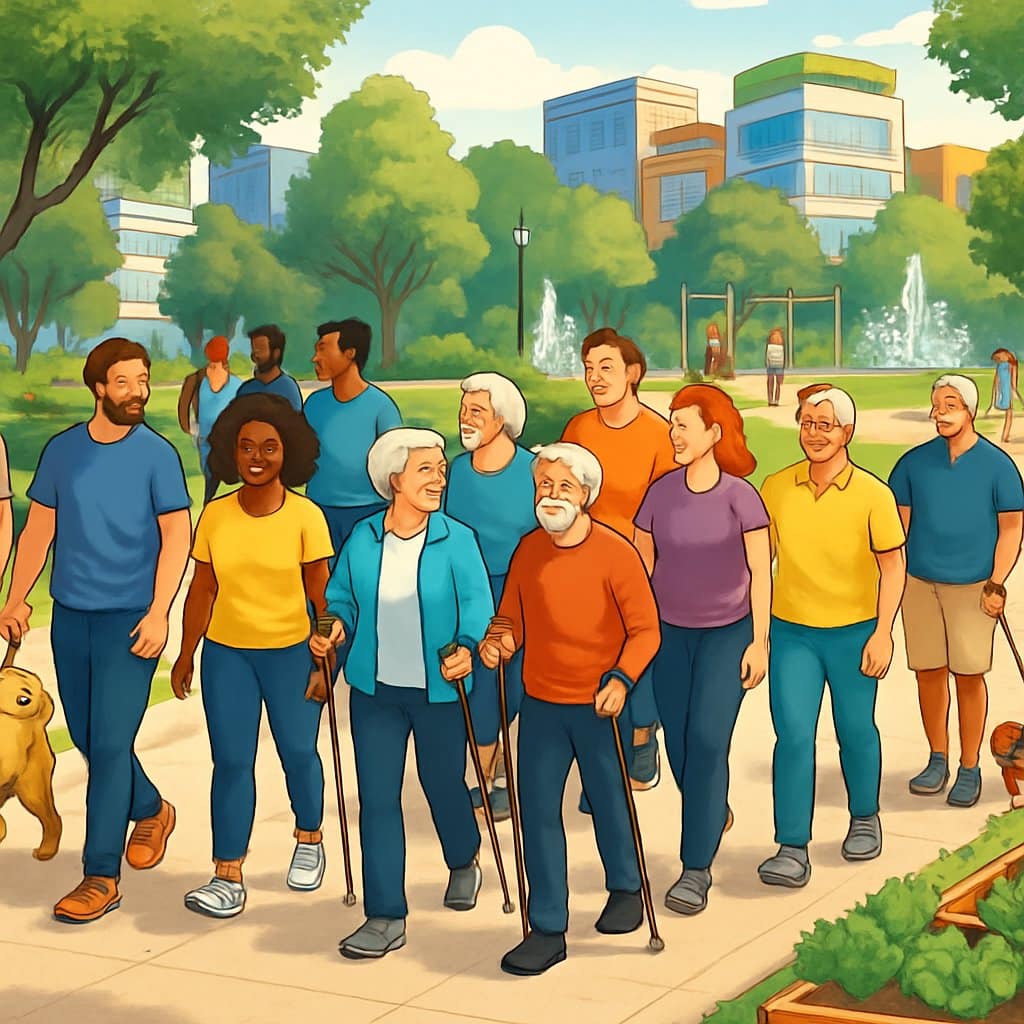 A diverse group of people walking and socializing in a green urban park with trees, benches, and exercise stations.