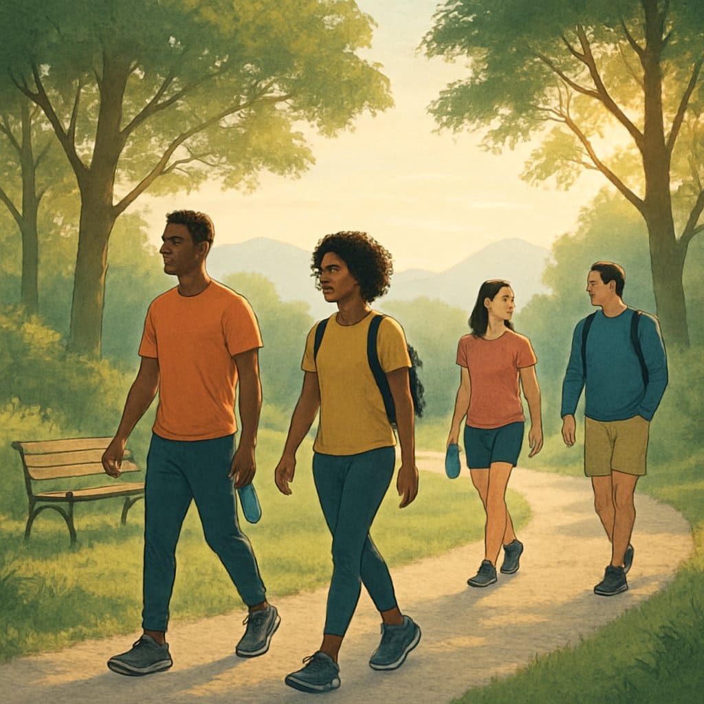 A group of people walking outdoors in a peaceful park surrounded by trees and hills, enjoying a calm and restorative walk.