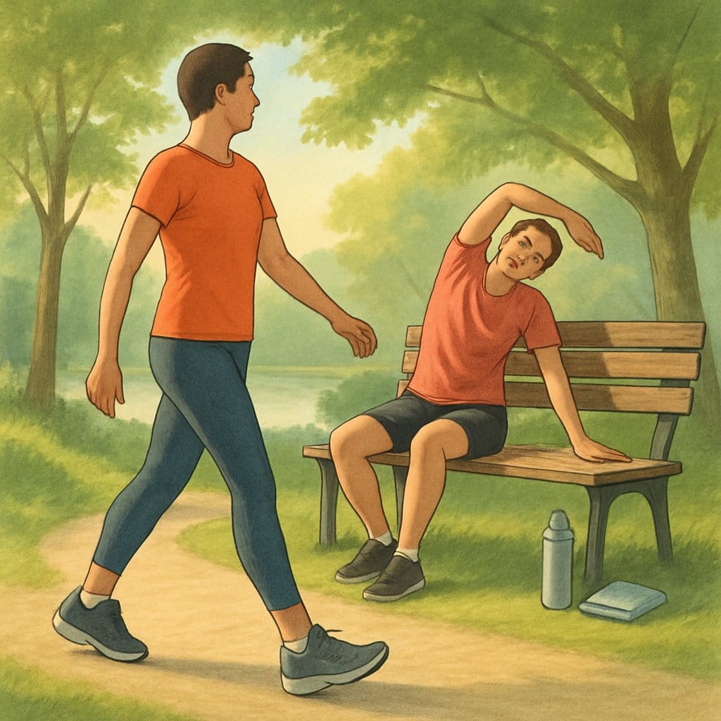 A person walking on a nature path while another person rests and stretches on a nearby bench in a peaceful park setting.