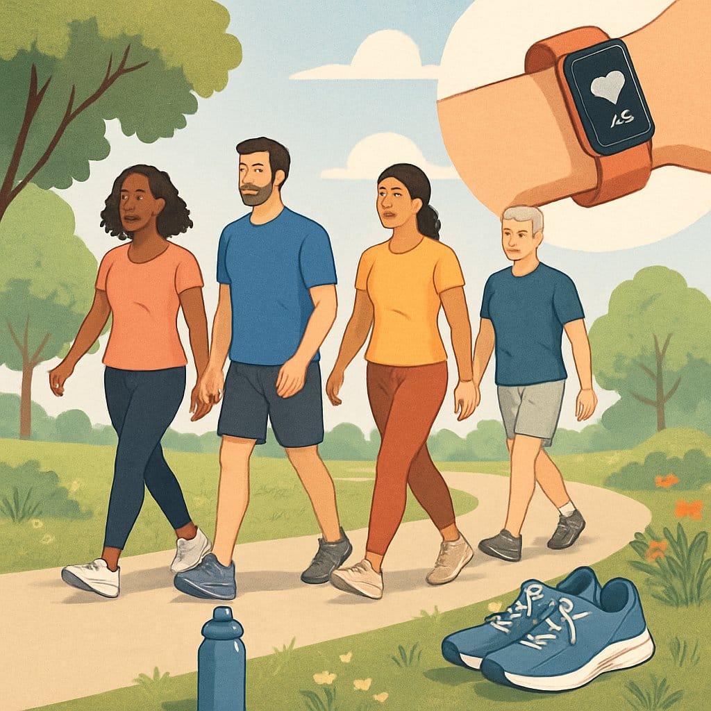 People walking outdoors in a park, enjoying light exercise and recovery as part of their training routine.