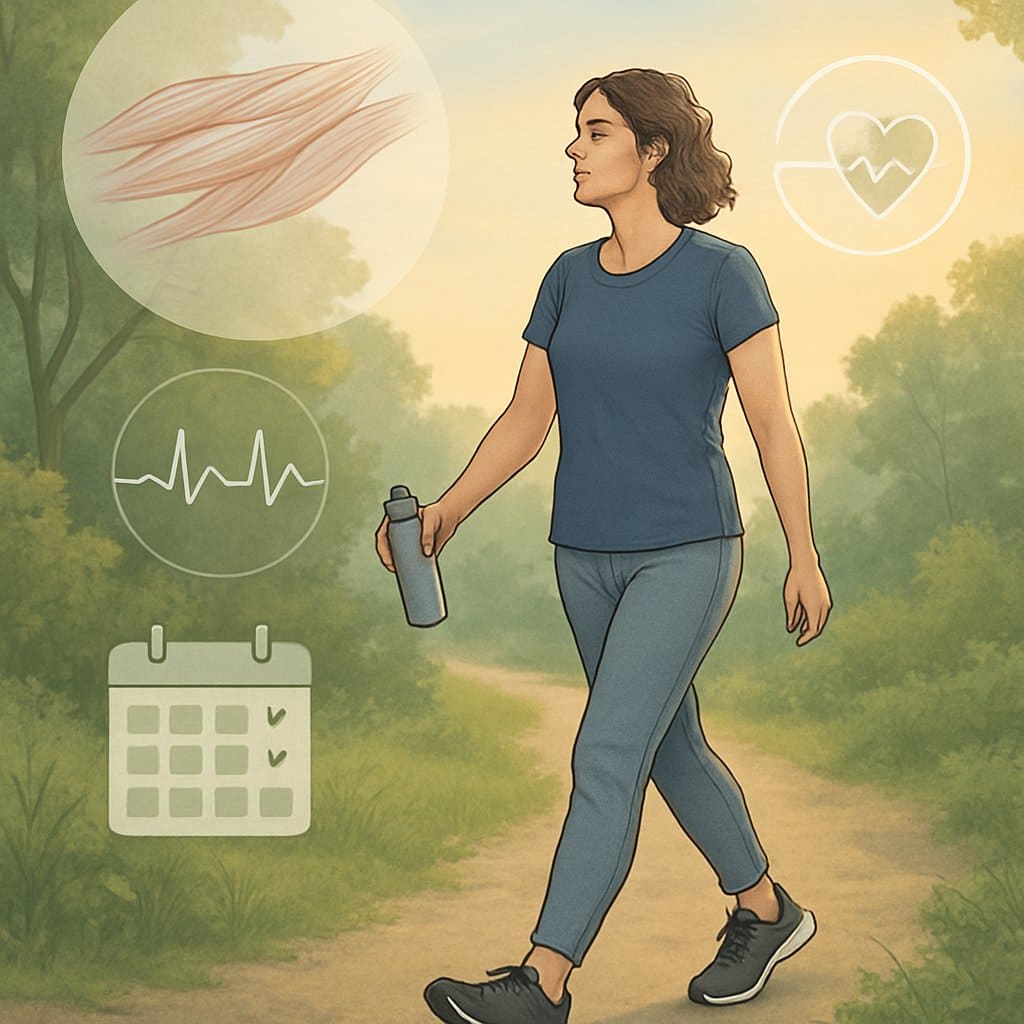 A person walking on a nature trail surrounded by trees and sunlight, wearing athletic clothes and walking shoes, symbolizing recovery and active rest in training.