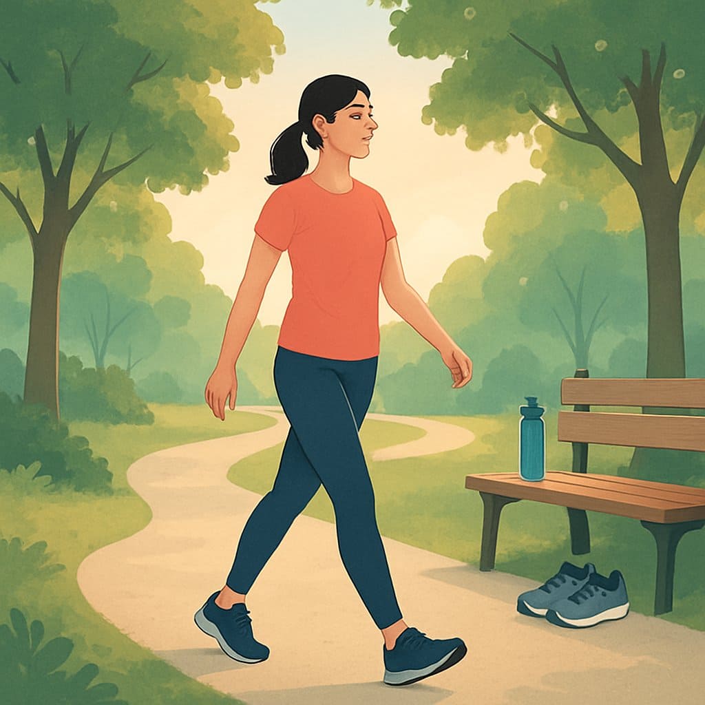 A person walking leisurely on a park path surrounded by trees, with running shoes and a water bottle nearby.