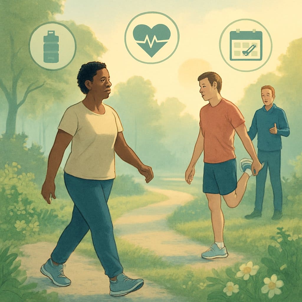 People walking and stretching gently in a park with a trainer nearby, surrounded by greenery and sunlight.